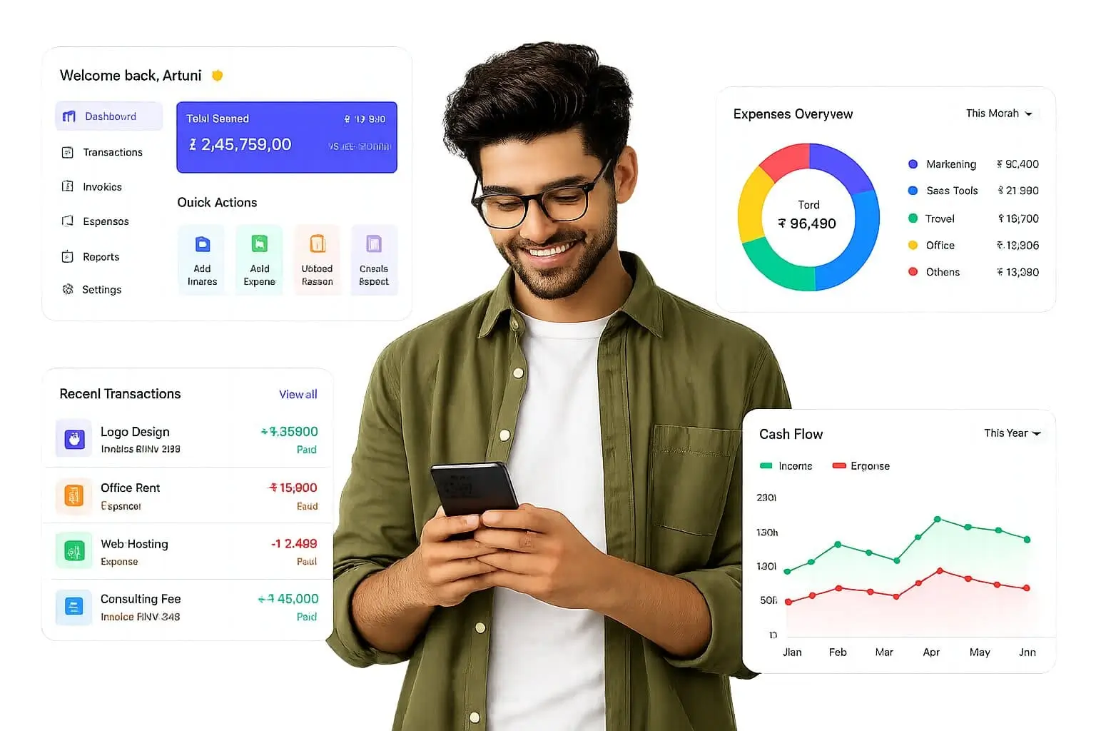 Complete HRMS software dashboard with attendance, payroll and leave